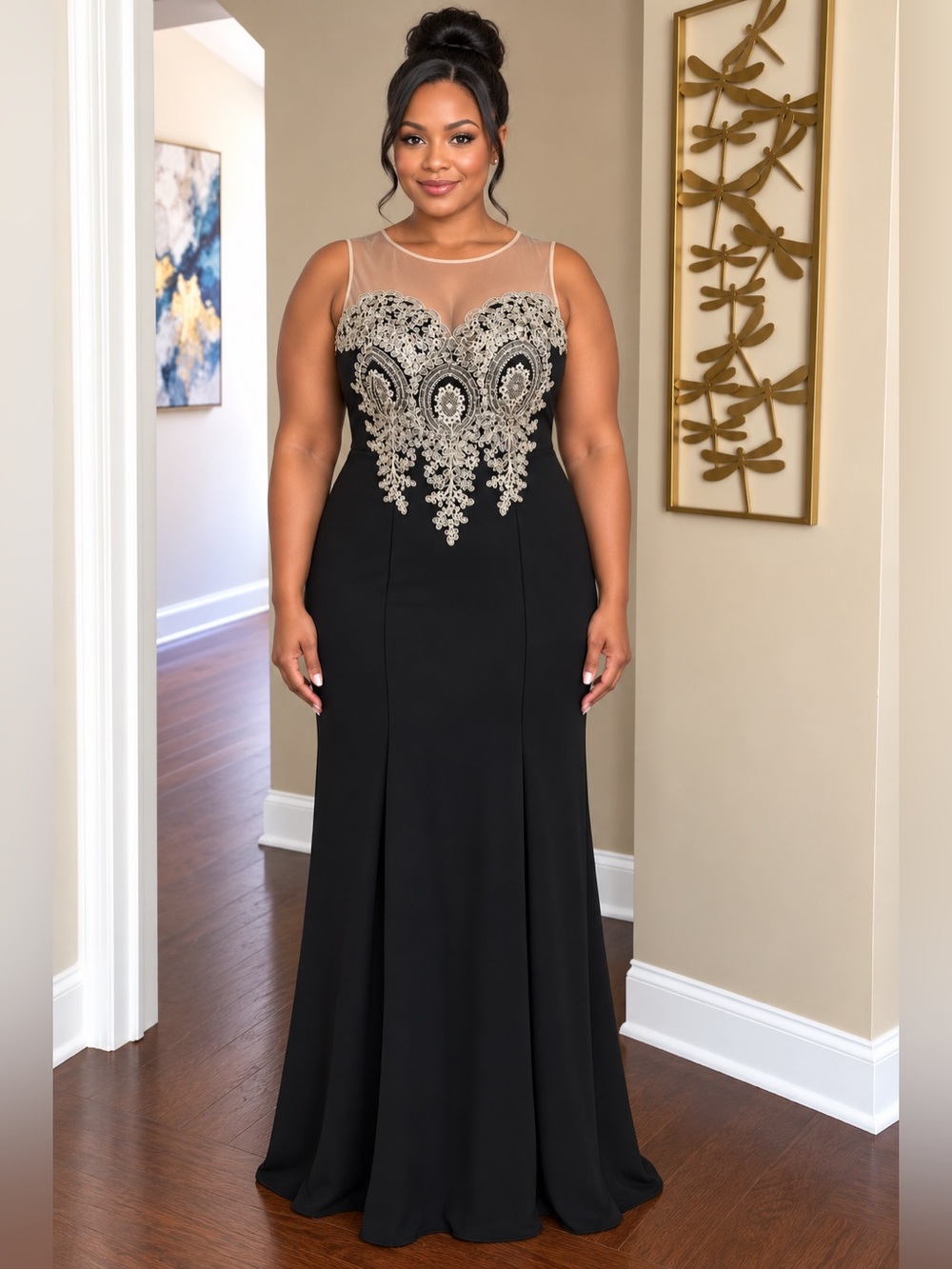 Elegant Black Evening Gown with Gold Lace Appliqué